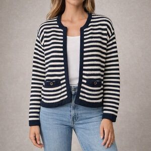 J.Crew Navy White Stripe Open Cardigan Sweater Women's M Nautical Cotton Blend
